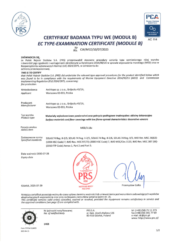 GRANDEX. EC Type-Examination Certificate (Module B) MED/3.18a - Decorative veneers